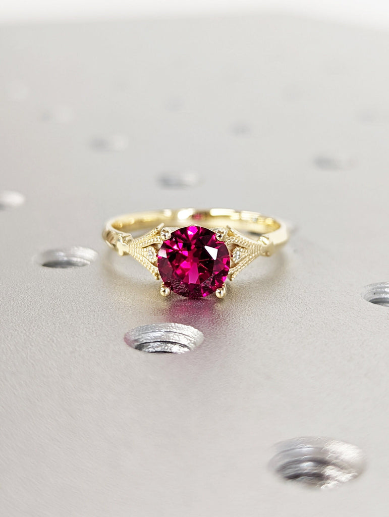 Vintage Ruby Engagement Ring 14k yellow gold, Ruby Engagement Ring, Antique Round cut Bridal ring | Art deco Ring Milgrain wedding ring