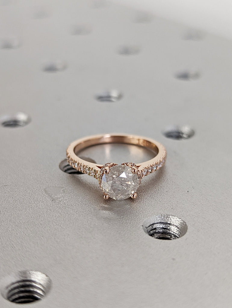Salt and Pepper diamond engagement ring-4 prong solitaire ring-diamond-Salt and pepper ring-Grey diamond ring Hidden Halo Vintage Ring