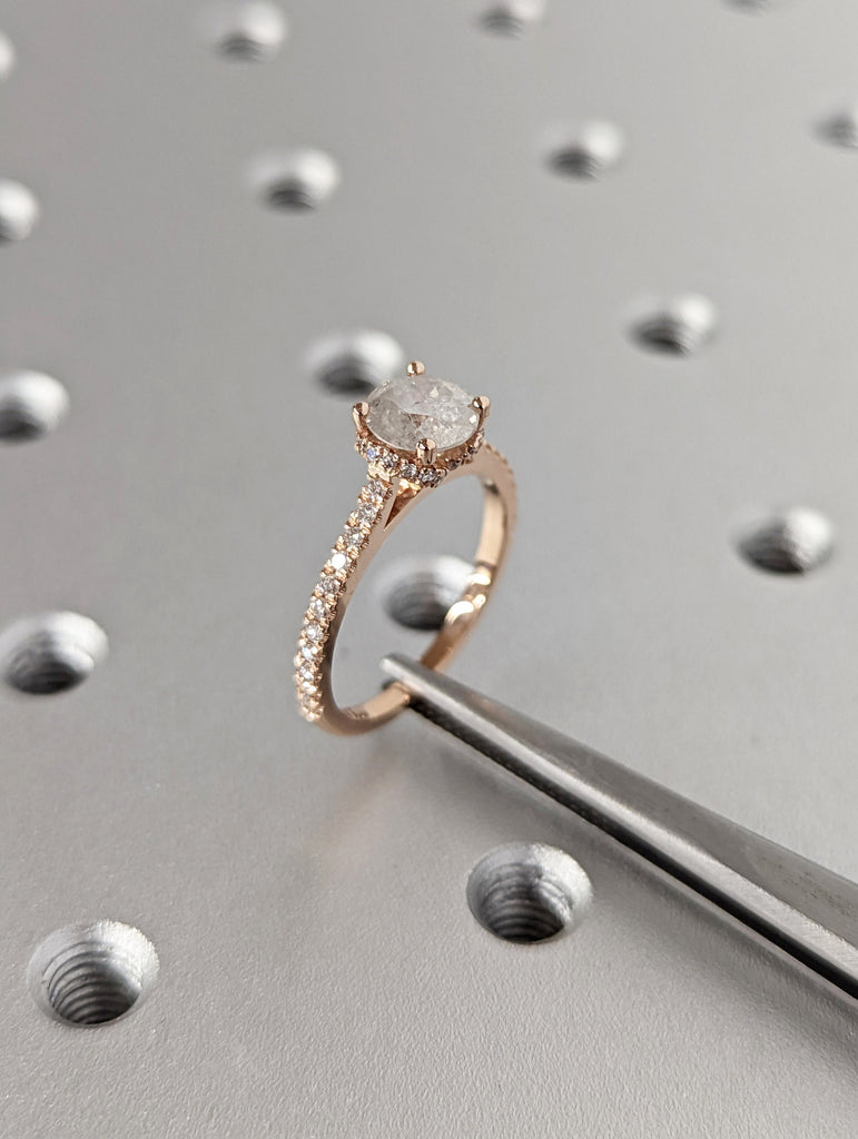 Salt and Pepper diamond engagement ring-4 prong solitaire ring-diamond-Salt and pepper ring-Grey diamond ring Hidden Halo Vintage Ring
