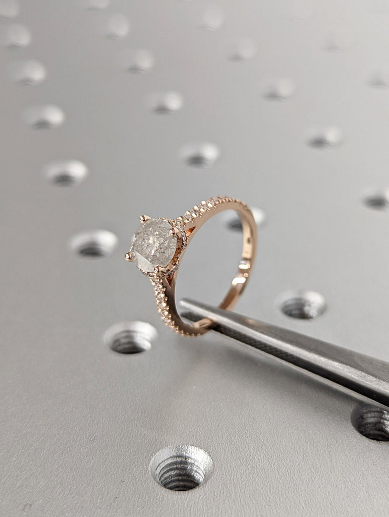 Salt and Pepper diamond engagement ring-4 prong solitaire ring-diamond-Salt and pepper ring-Grey diamond ring Hidden Halo Vintage Ring