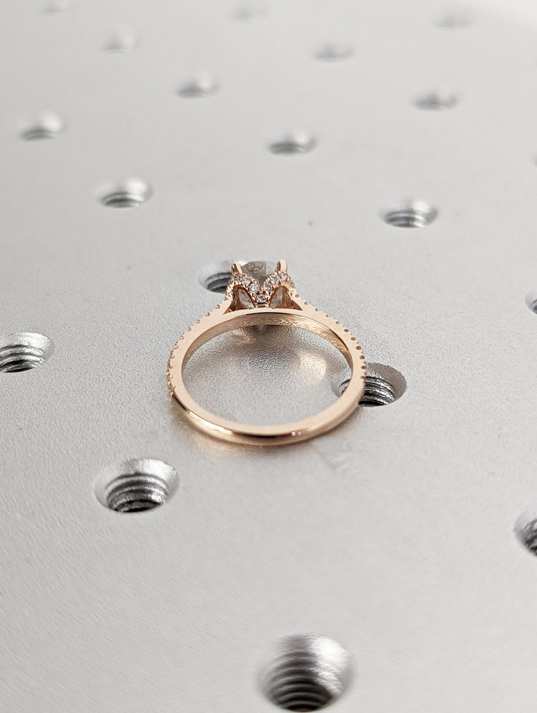 Salt and Pepper diamond engagement ring-4 prong solitaire ring-diamond-Salt and pepper ring-Grey diamond ring Hidden Halo Vintage Ring