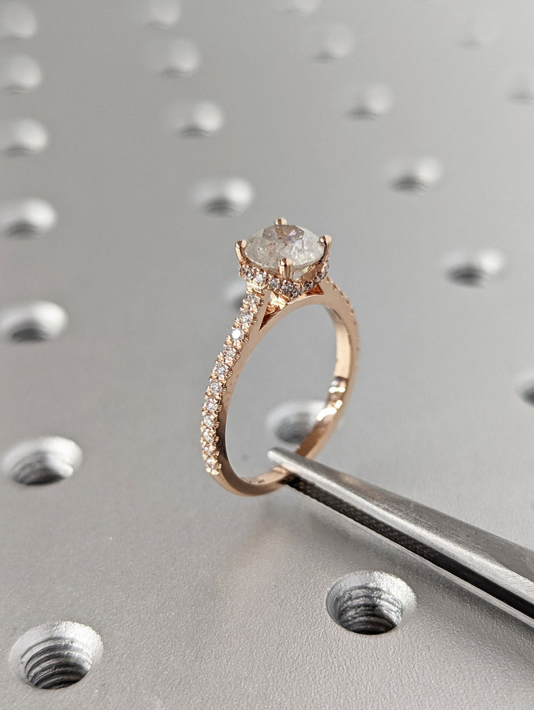 Salt and Pepper diamond engagement ring-4 prong solitaire ring-diamond-Salt and pepper ring-Grey diamond ring Hidden Halo Vintage Ring