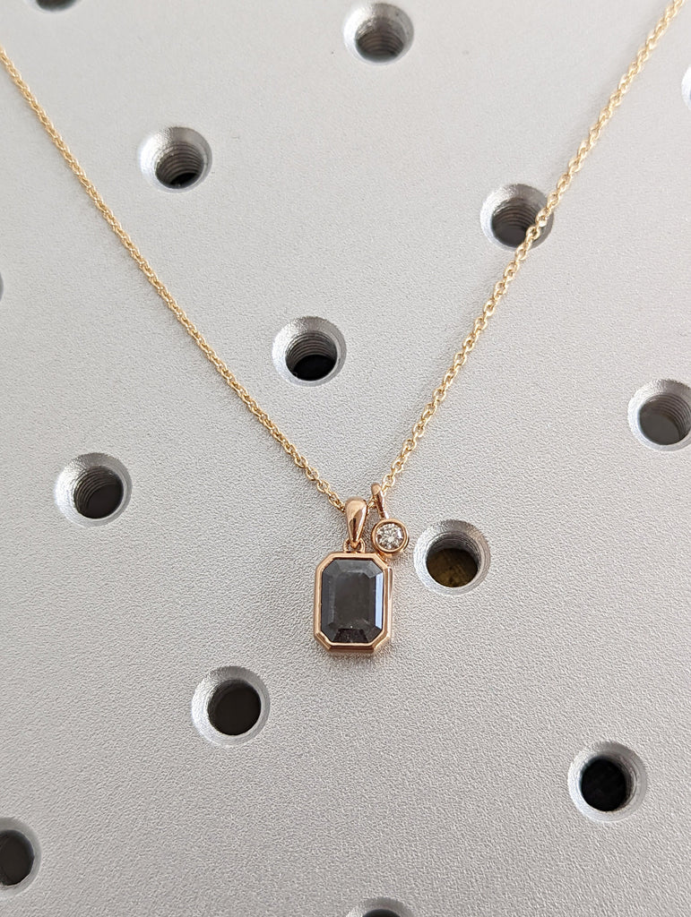 Salt And Pepper Diamond Solitaire Necklace 14k Yellow Gold / Diamond Bezel Necklace / 14k Gold Diamond Solitaire Pendant / Delicate