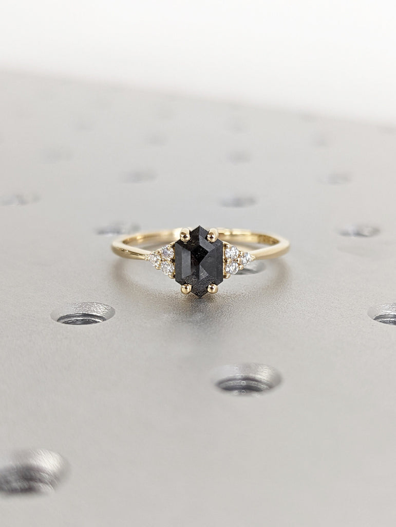 Raw Diamond Hexagon Round Diamond, Salt and Pepper, Unique Engagement Ring, Rose Cut Geometric Diamond Ring, 14k Gold, Custom Handmade