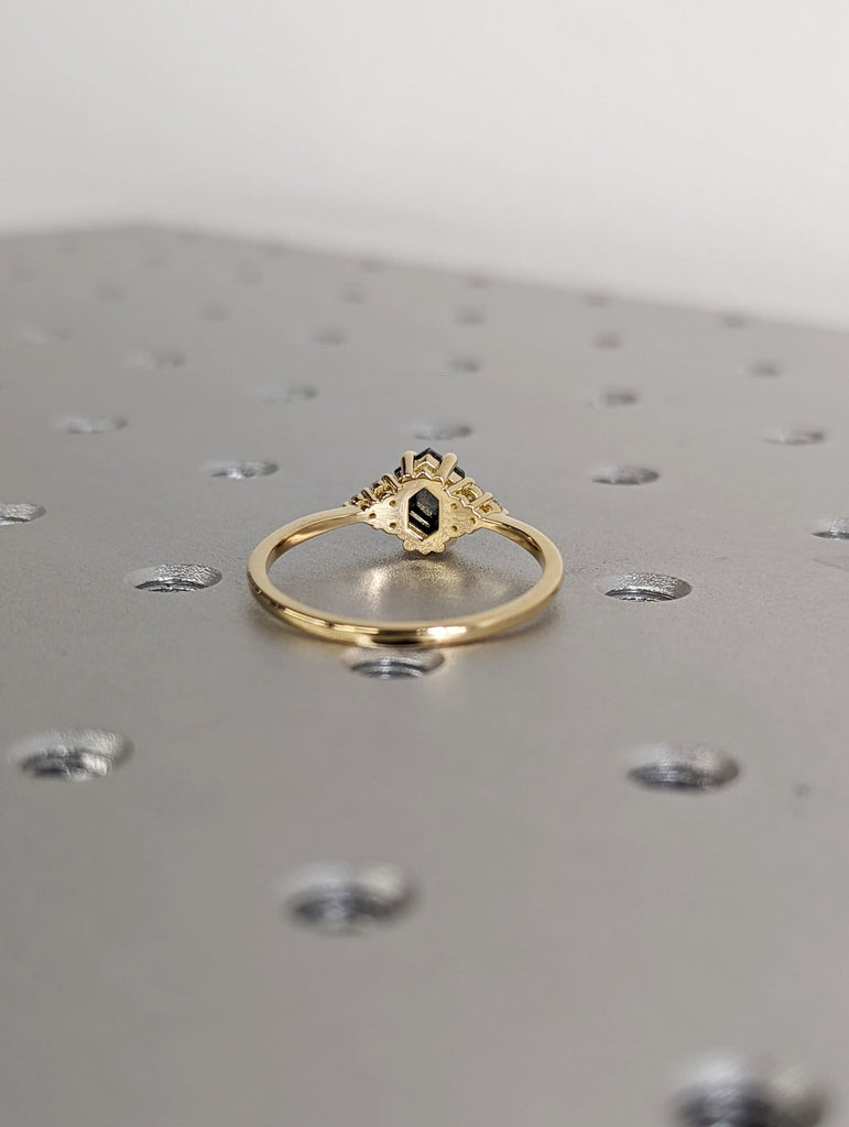 Raw Diamond Hexagon Round Diamond, Salt and Pepper, Unique Engagement Ring, Rose Cut Geometric Diamond Ring, 14k Gold, Custom Handmade