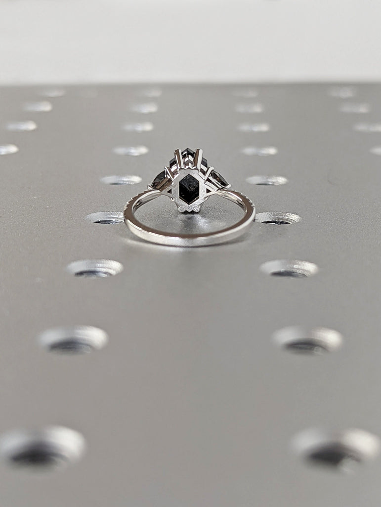 Raw Diamond Hexagon Triangle Diamond, Salt and Pepper, Unique Engagement Ring, Rose Cut Geometric Diamond Ring, 14k Gold, Custom Handmade