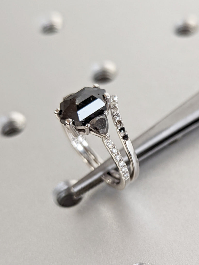 Raw Diamond Hexagon Triangle Diamond, Salt and Pepper, Unique Engagement Ring, Rose Cut Geometric Diamond Ring, 14k Gold, Custom Handmade