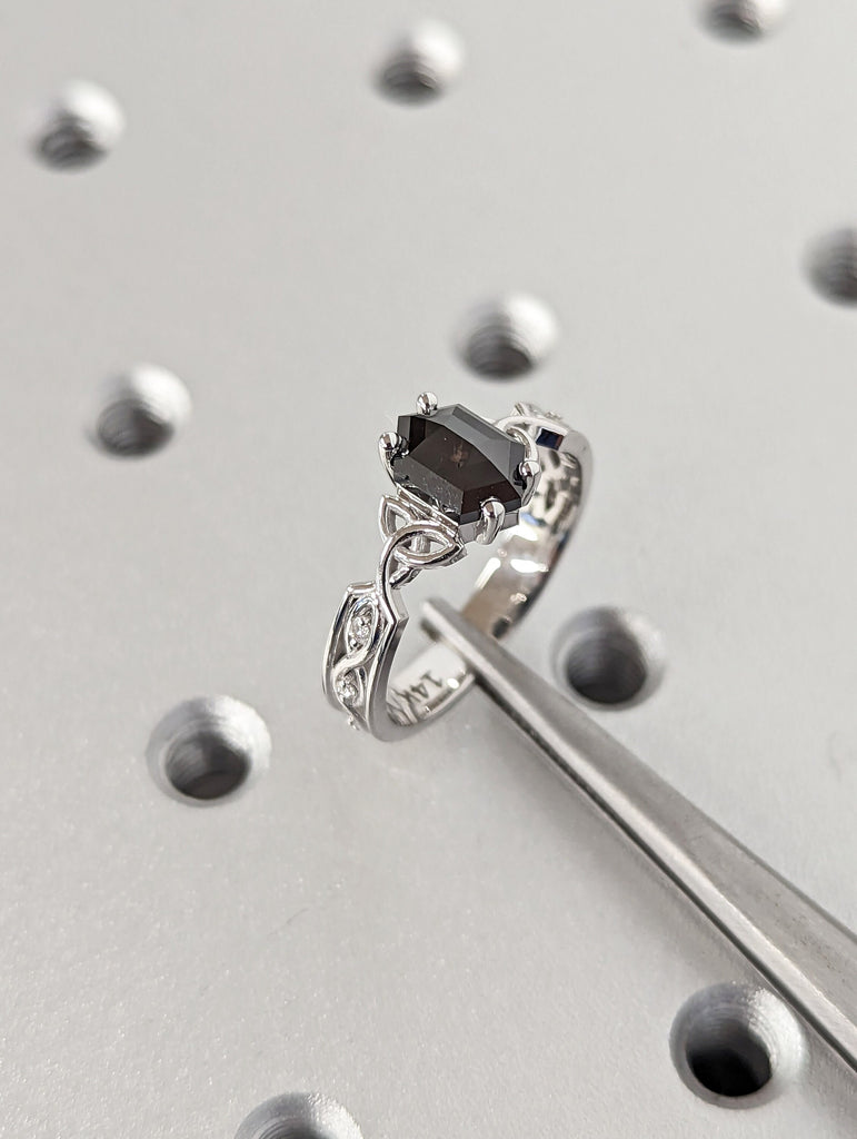 Unique Hexagon Diamond Vintage Celtic Engagement Ring Bridal Set, Salt And Pepper Diamond Hexagon Shaped Set, Twisted Engagement Ring