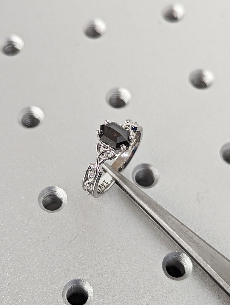 Unique wedding ring set vintage Diamond engagement ring set Hexagon cut ring art deco antique dainty Salt And Pepper ring 14k gold for women