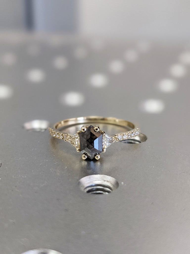 Raw Diamond Hexagon Triangle Diamond, Salt and Pepper, Unique Engagement Ring, Rose Cut Geometric Diamond Ring, 14k Gold, Custom Handmade