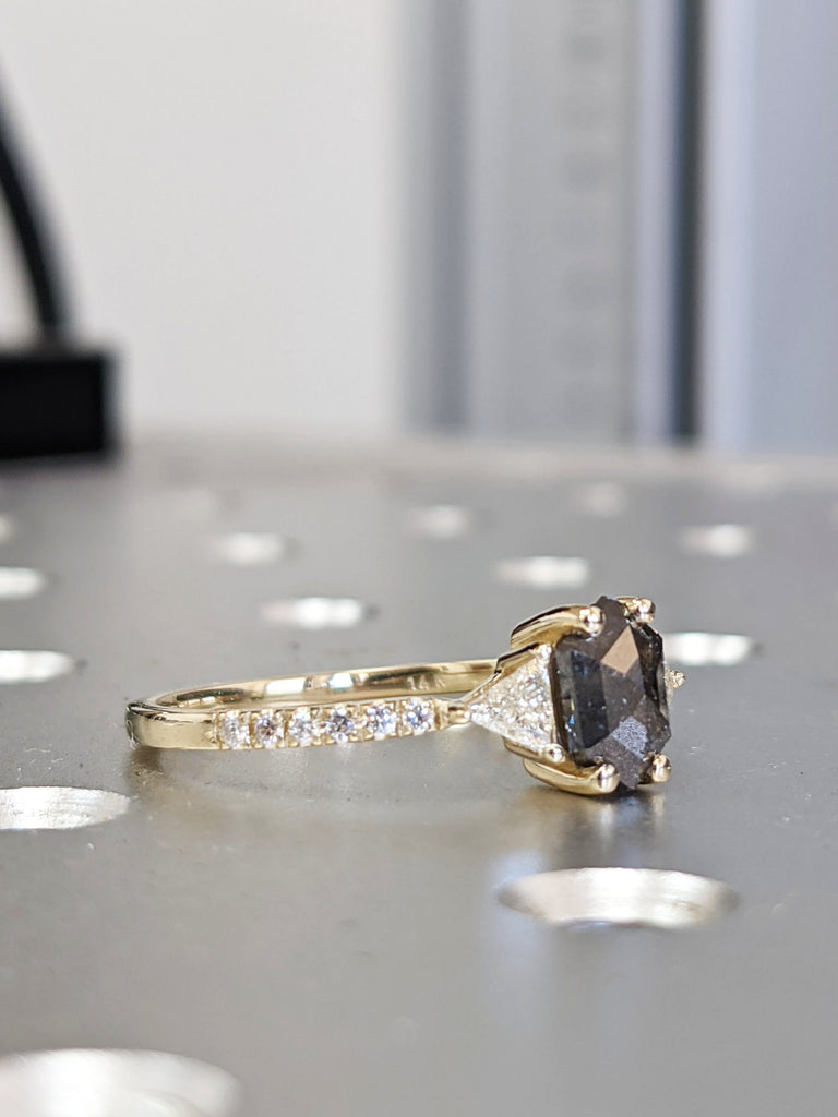 Raw Diamond Hexagon Triangle Diamond, Salt and Pepper, Unique Engagement Ring, Rose Cut Geometric Diamond Ring, 14k Gold, Custom Handmade