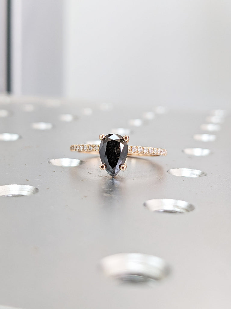 1 Carat 1920's Raw Salt and Pepper Diamond, Pear Diamond Ring, Unique Engagement Bridal Set, Black, Gray Pear, 18k Yellow, Rose White Gold
