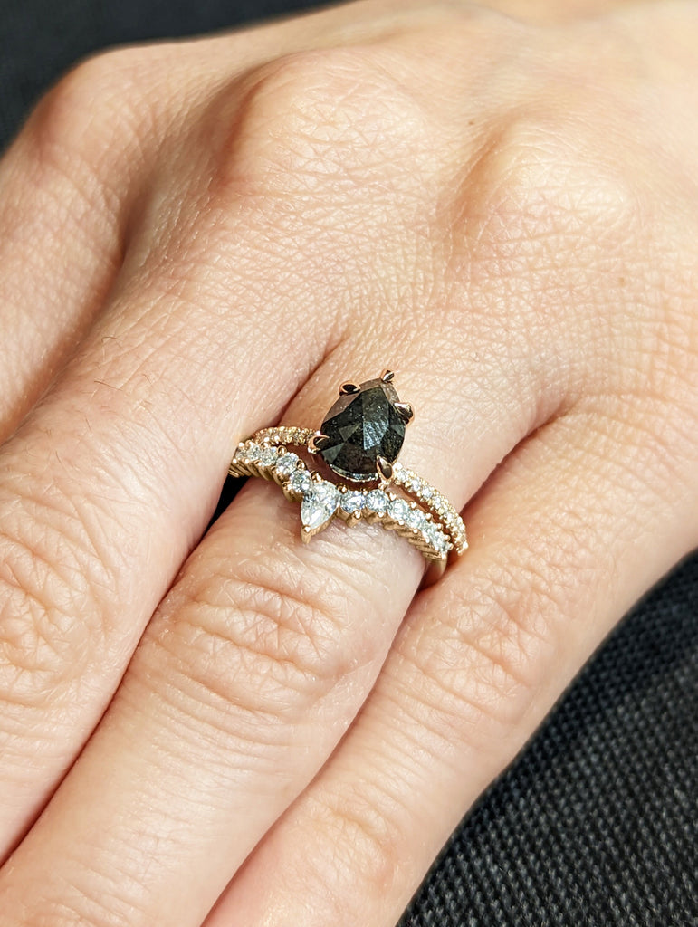 1.5 Carat 1920's Raw Salt and Pepper Diamond, Pear Diamond Ring, Unique Engagement Bridal , Black, Gray Pear 14k Yellow, Rose White Gold