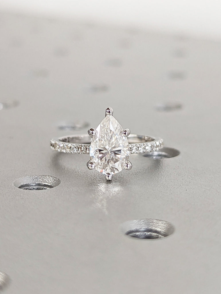 1.5 CT Pear Cut Moissanite Engagement Ring Pear Ring Hidden Halo Ring 14K White Gold Pave Setting Ring Christmas Gift Teardrop Shaped Stone