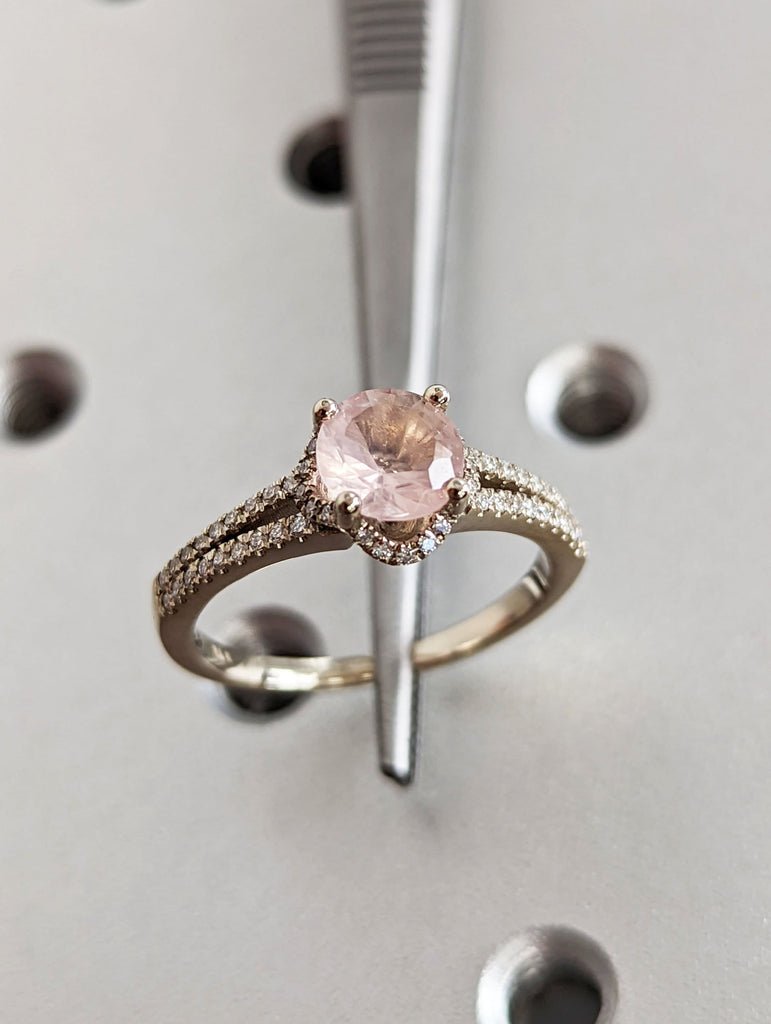 Rose Quartz & Diamond Cluster Ring | solid 14k Gold Rose Quartz and Diamond Promise Ring | Rose Quartz Engagement Ring | Vintage | Solitaire