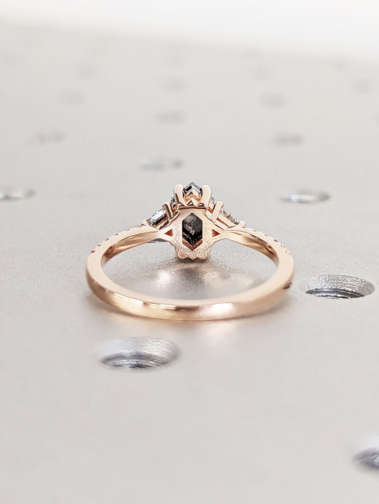 Raw Diamond Hexagon Triangle Diamond, Salt and Pepper, Unique Engagement Ring, Rose Cut Geometric Diamond Ring, 14k Gold, Custom Handmade