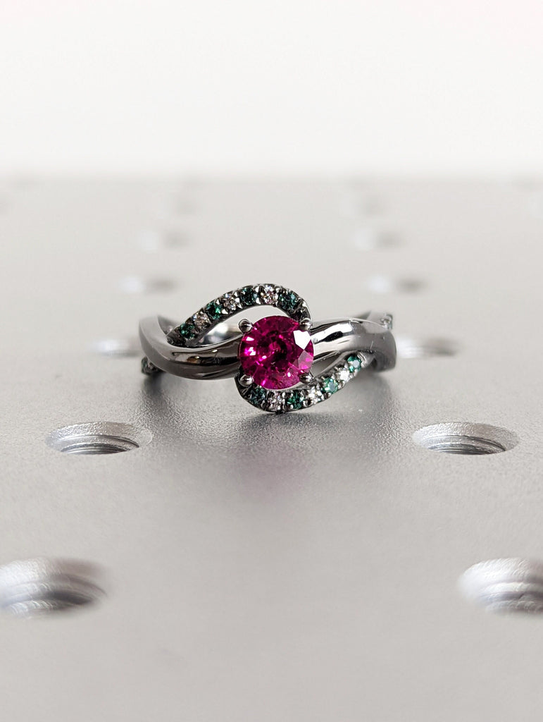 6.5mm Ruby Engagement Ring Black Gold Ruby Red Rings with leaf Emerald Engagement Ring Ruby Engagement Ring for her Vintage Ruby engagement