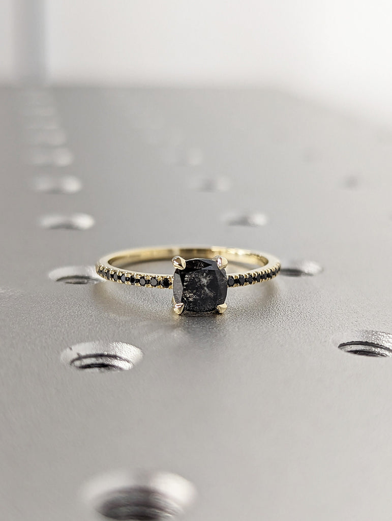 Vintage Salt and Pepper Diamond Engagement Ring White Gold Antique Cushion cut ring Bridal Diamond Art deco Wedding Ring Anniversary ring