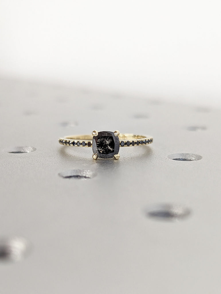 Vintage Salt and Pepper Diamond Engagement Ring White Gold Antique Cushion cut ring Bridal Diamond Art deco Wedding Ring Anniversary ring