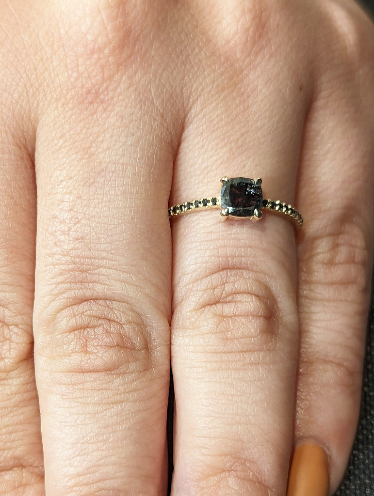 Vintage Salt and Pepper Diamond Engagement Ring White Gold Antique Cushion cut ring Bridal Diamond Art deco Wedding Ring Anniversary ring
