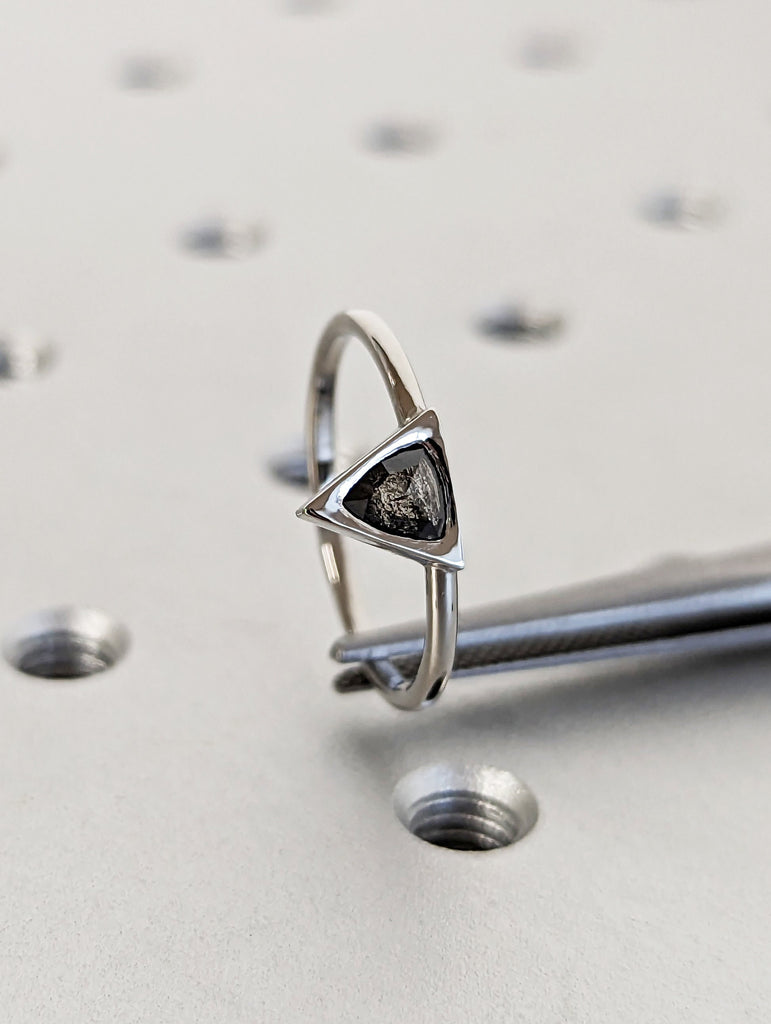 Trillion Cut Salt and Pepper Engagement Ring, Comfort Fit Solitaire Ring, Wedding Ring, Anniversary Ring, His Ring, Platinum, Gift for Him