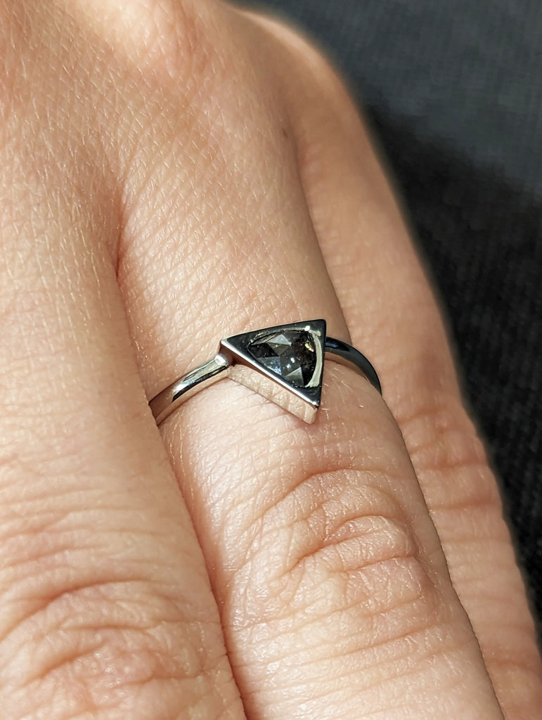 Trillion Cut Salt and Pepper Engagement Ring, Comfort Fit Solitaire Ring, Wedding Ring, Anniversary Ring, His Ring, Platinum, Gift for Him