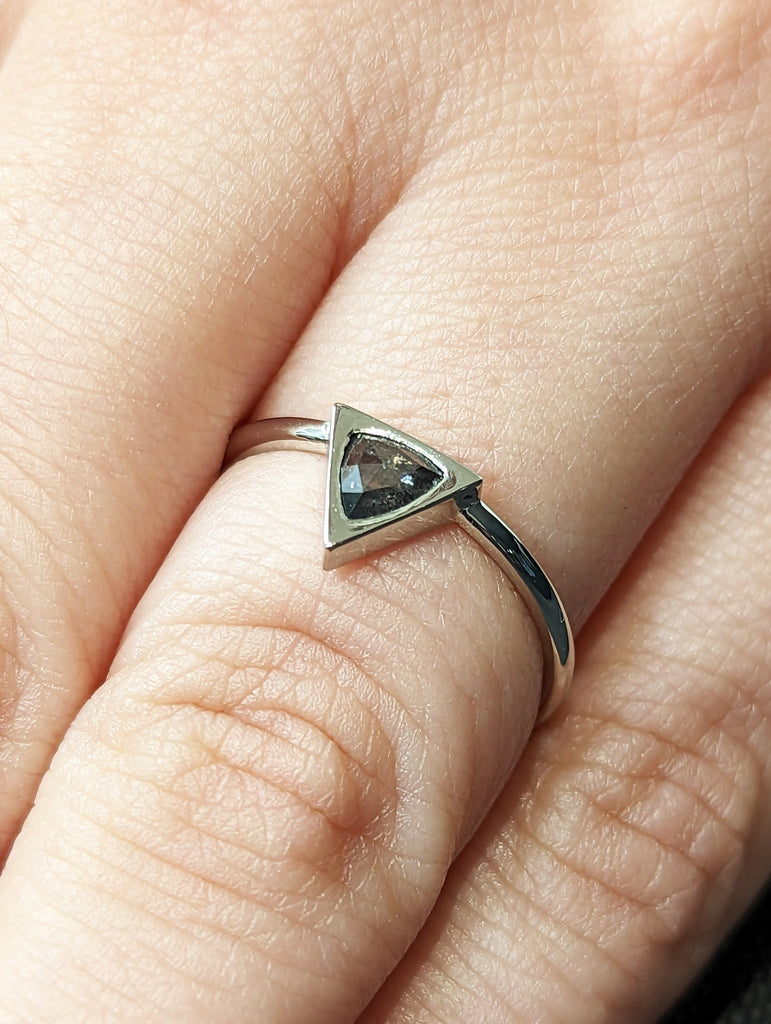 Trillion Cut Salt and Pepper Engagement Ring, Comfort Fit Solitaire Ring, Wedding Ring, Anniversary Ring, His Ring, Platinum, Gift for Him