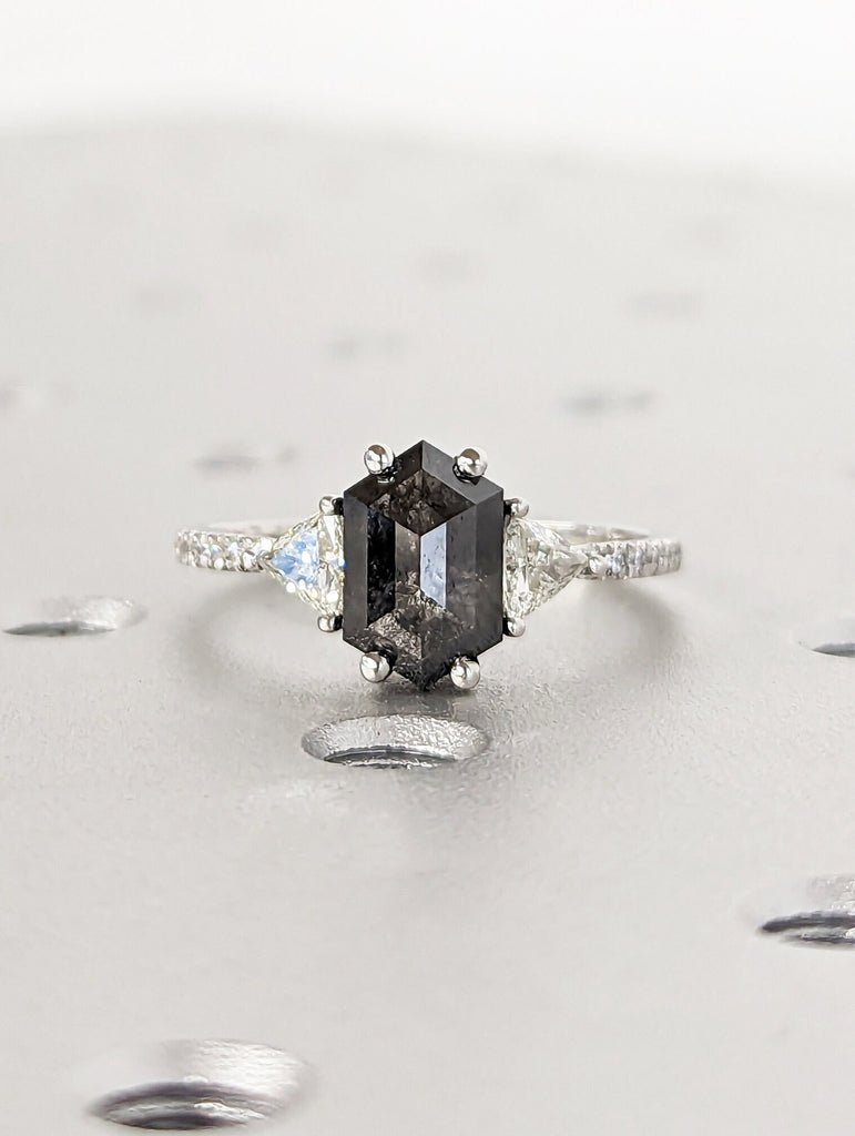 Raw Diamond Hexagon Triangle Diamond, Salt and Pepper, Unique Engagement Ring, Rose Cut Geometric Diamond Ring, White Gold Ring, Custom Ring