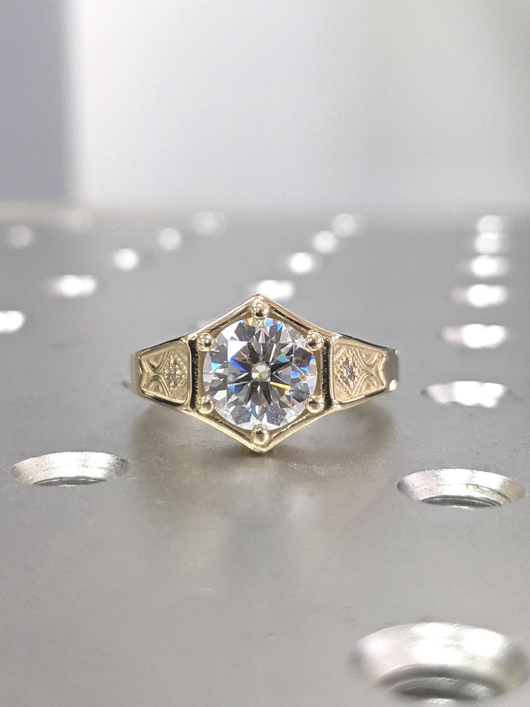 Unique Hexagon Round Moissanite Ring, Antique Hexagon Bezel Setting, Vintage Inspired Gold Antique Ring, Round Hexagon Setting