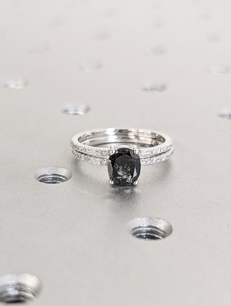 1920's Raw Salt and Pepper Diamond, Oval Diamond Ring, Unique Engagement Bridal Set, Black, Gray Oval, 14k Yellow, Rose, or White Gold