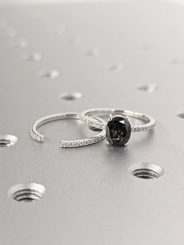 1920's Raw Salt and Pepper Diamond, Oval Diamond Ring, Unique Engagement Bridal Set, Black, Gray Oval, 14k Yellow, Rose, or White Gold
