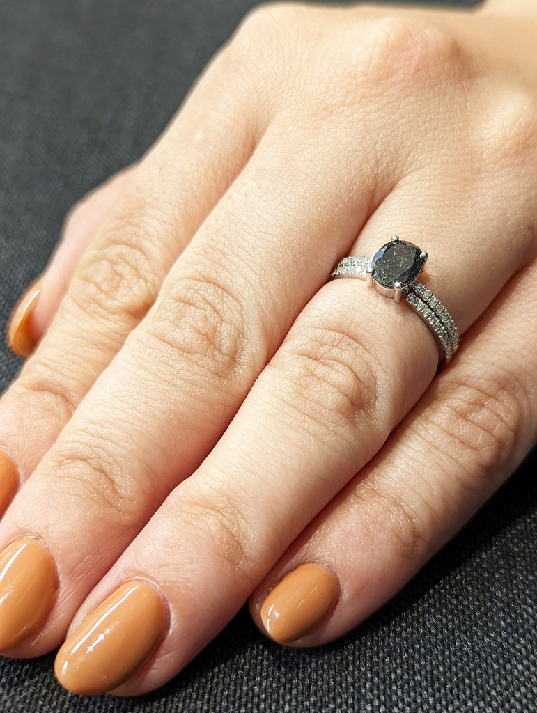 1920's Raw Salt and Pepper Diamond, Oval Diamond Ring, Unique Engagement Bridal Set, Black, Gray Oval, 14k Yellow, Rose, or White Gold