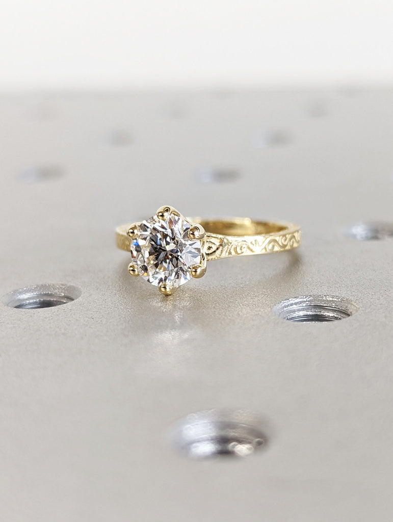 Colorless Moissanite 14k Rose /White /Yellow Gold Engagement Ring Art Deco 1920's Inspired Thin Petite Band 18k Unique Promise Ring for Her