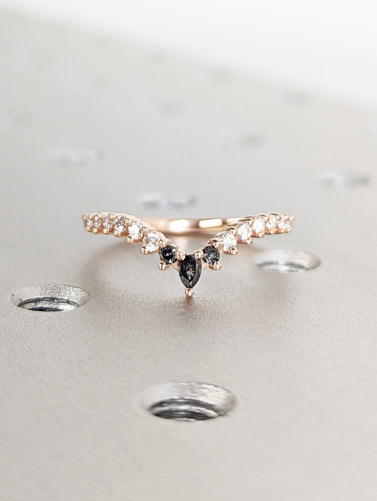 Raw Diamond Hexagon Triangle Diamond, Salt and Pepper, Plain Unique Bridal Engagement Set, Rose Cut Geometric Diamond Ring, Custom Handmade