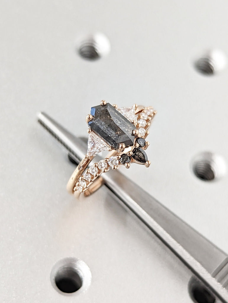Raw Diamond Hexagon Triangle Diamond, Salt and Pepper, Plain Unique Bridal Engagement Set, Rose Cut Geometric Diamond Ring, Custom Handmade