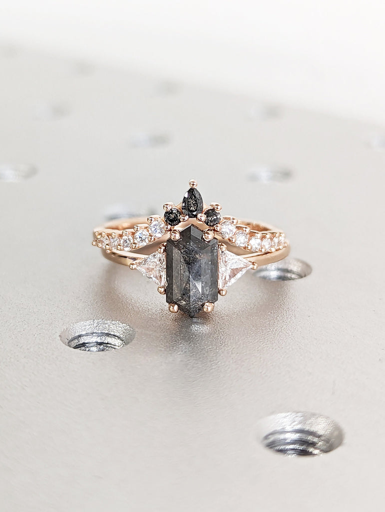 Raw Diamond Hexagon Triangle Diamond, Salt and Pepper, Plain Unique Bridal Engagement Set, Rose Cut Geometric Diamond Ring, Custom Handmade