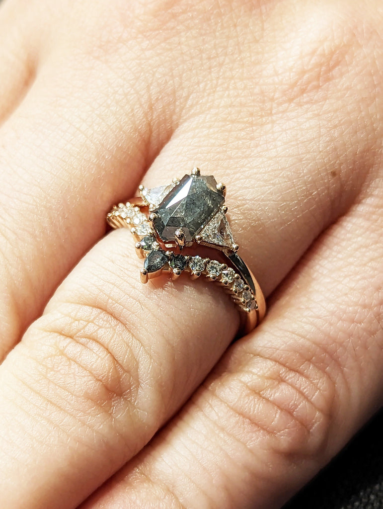 Raw Diamond Hexagon Triangle Diamond, Salt and Pepper, Plain Unique Bridal Engagement Set, Rose Cut Geometric Diamond Ring, Custom Handmade