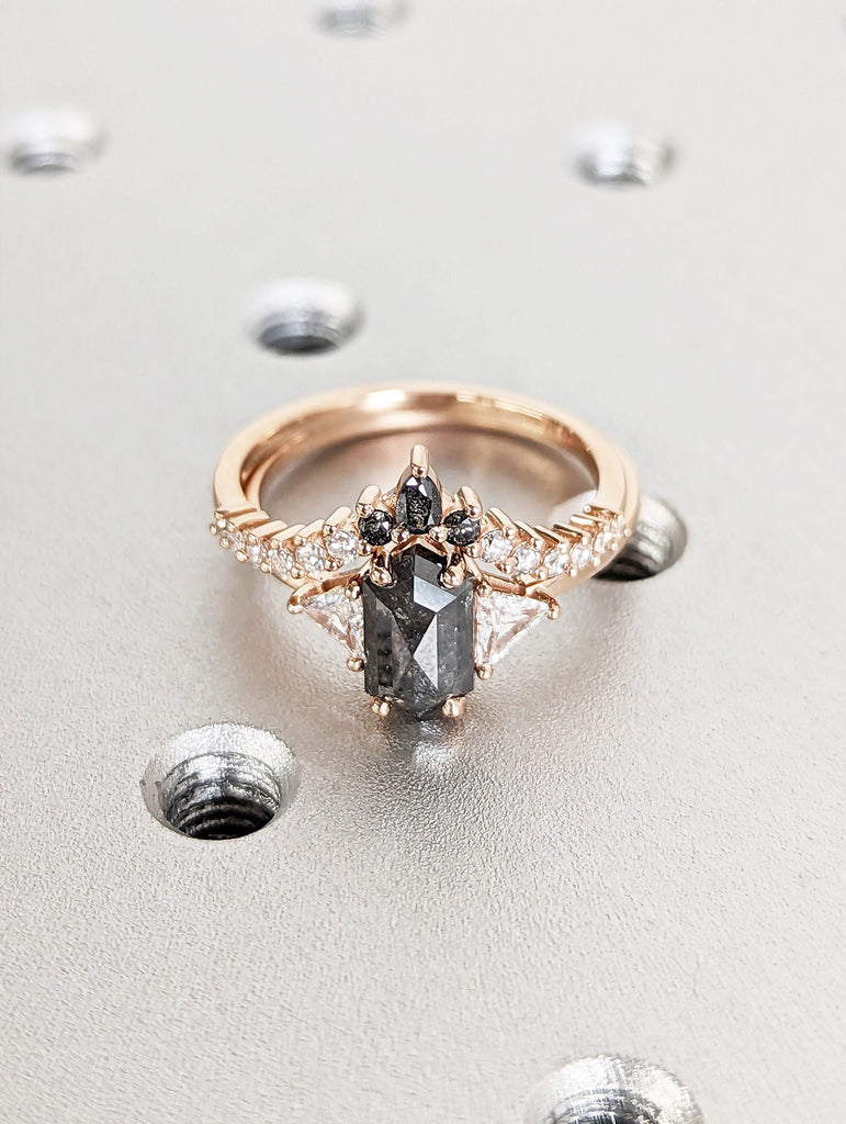 Raw Diamond Hexagon Triangle Diamond, Salt and Pepper, Plain Unique Bridal Engagement Set, Rose Cut Geometric Diamond Ring, Custom Handmade