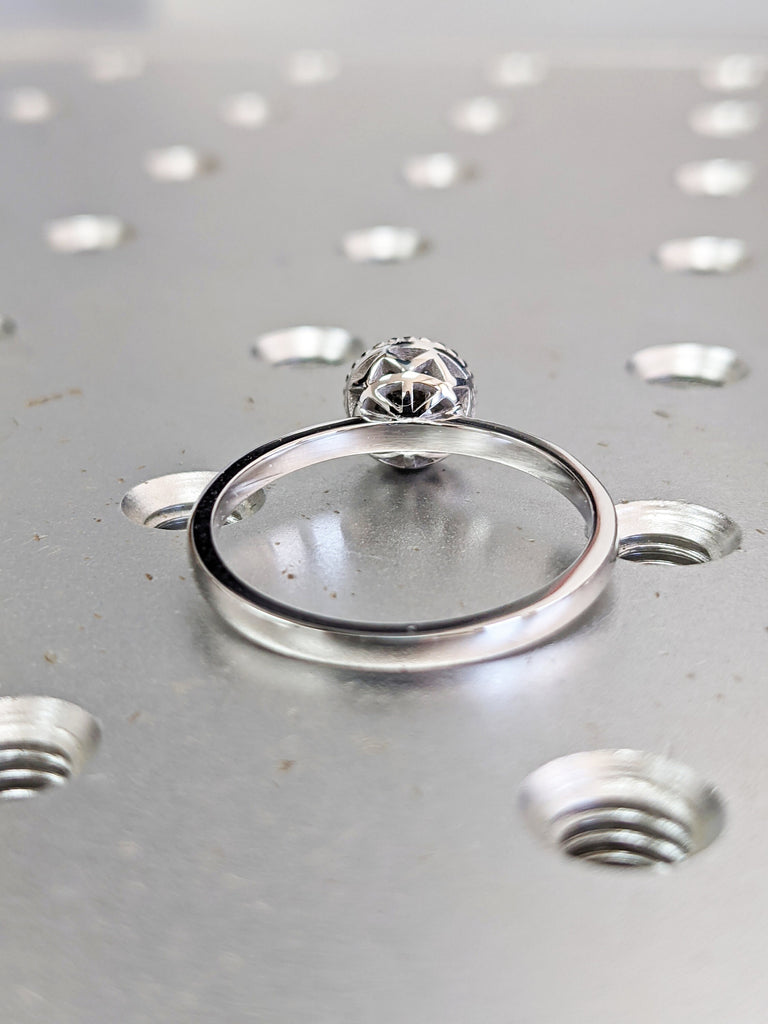 Raw Salt And Pepper Diamond Ring White Gold Round Bezel Ring, Salt And Pepper Engagement Ring, Unique Basket Gallery, Milgrained Bezel, Nyla