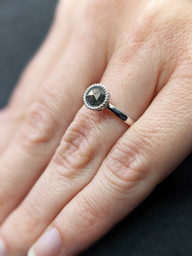 Raw Salt And Pepper Diamond Ring White Gold Round Bezel Ring, Salt And Pepper Engagement Ring, Unique Basket Gallery, Milgrained Bezel, Nyla