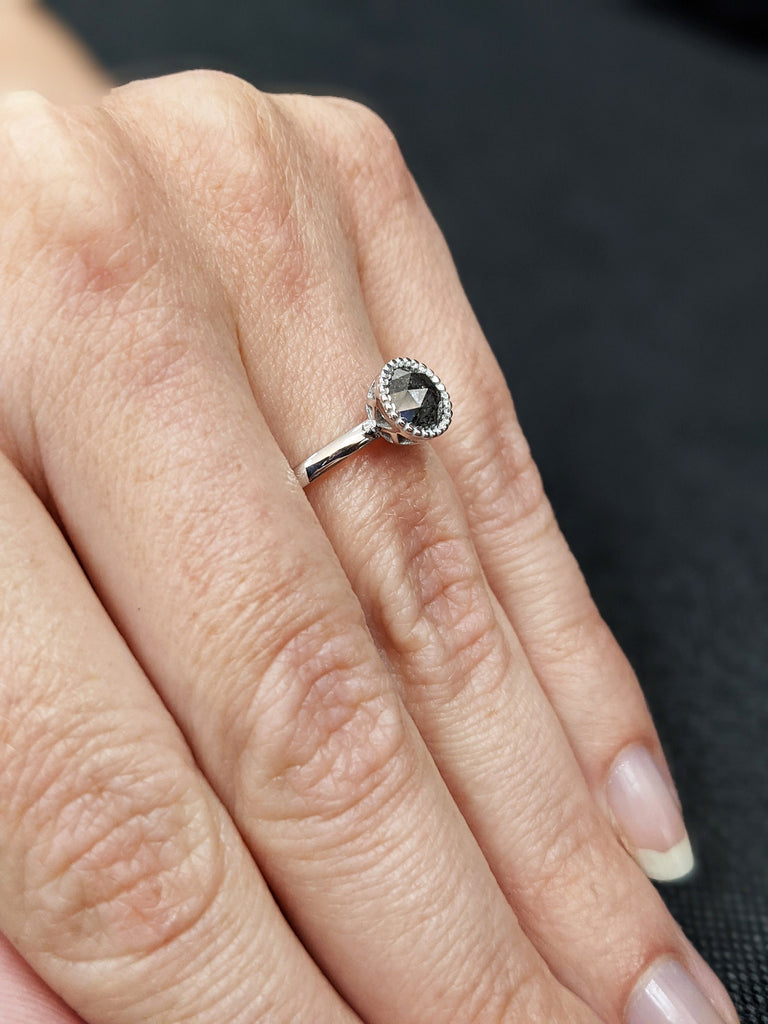 Raw Salt And Pepper Diamond Ring White Gold Round Bezel Ring, Salt And Pepper Engagement Ring, Unique Basket Gallery, Milgrained Bezel, Nyla