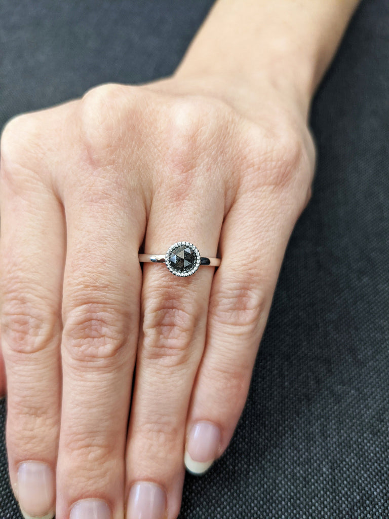 Raw Salt And Pepper Diamond Ring White Gold Round Bezel Ring, Salt And Pepper Engagement Ring, Unique Basket Gallery, Milgrained Bezel, Nyla