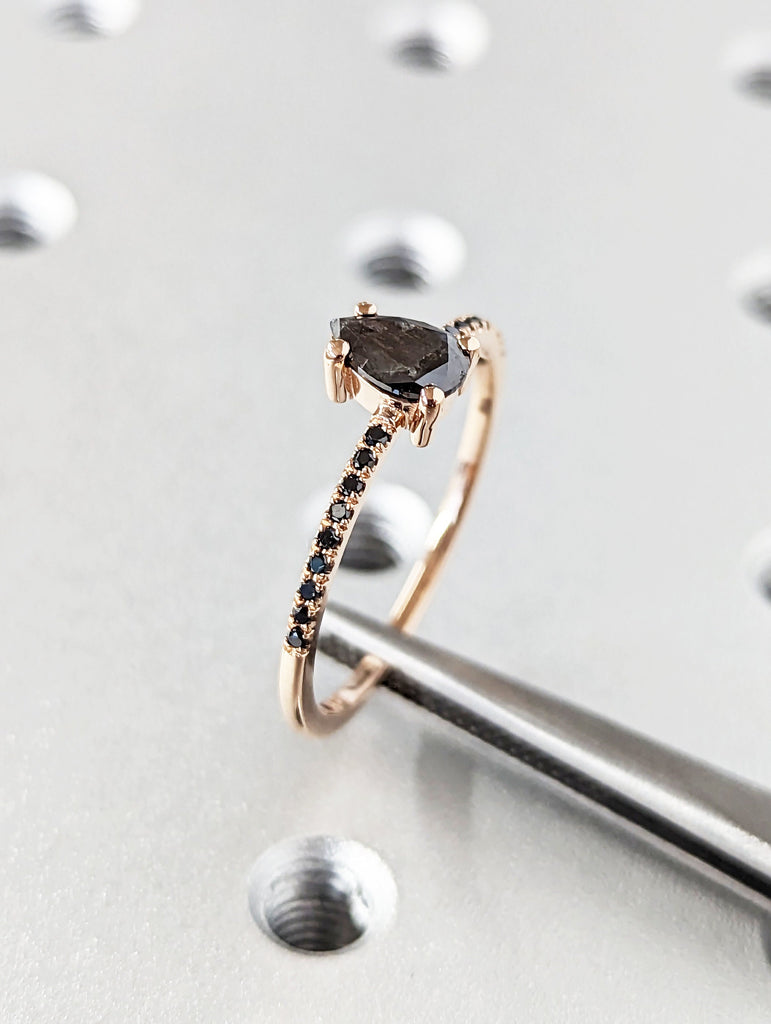 1920's Raw Salt and Pepper Diamond, Pear Diamond Ring, Unique Engagement Bridal Set, Black, Gray Pear, 14k Yellow, Rose, Black or White Gold