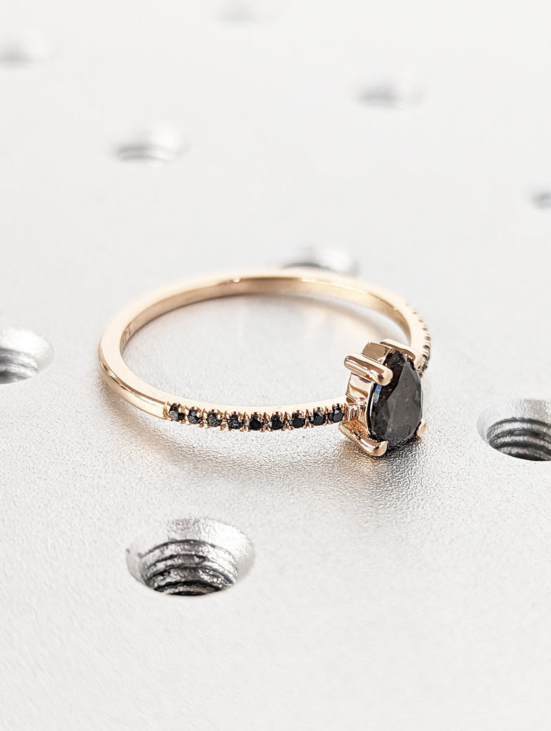 1920's Raw Salt and Pepper Diamond, Pear Diamond Ring, Unique Engagement Bridal Set, Black, Gray Pear, 14k Yellow, Rose, Black or White Gold