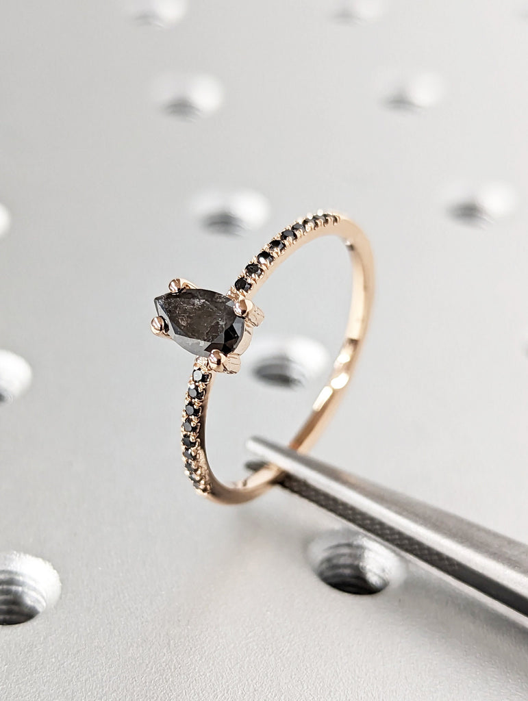 1920's Raw Salt and Pepper Diamond, Pear Diamond Ring, Unique Engagement Bridal Set, Black, Gray Pear, 14k Yellow, Rose, Black or White Gold