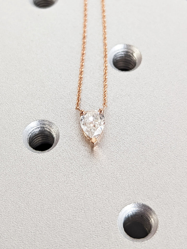 Moissanite Necklace Pear Pendant For Ladies, Pear Shape Solitaire Pendant 14k Rose Gold Necklace, Teardrop Shape April Birthstone Pendant