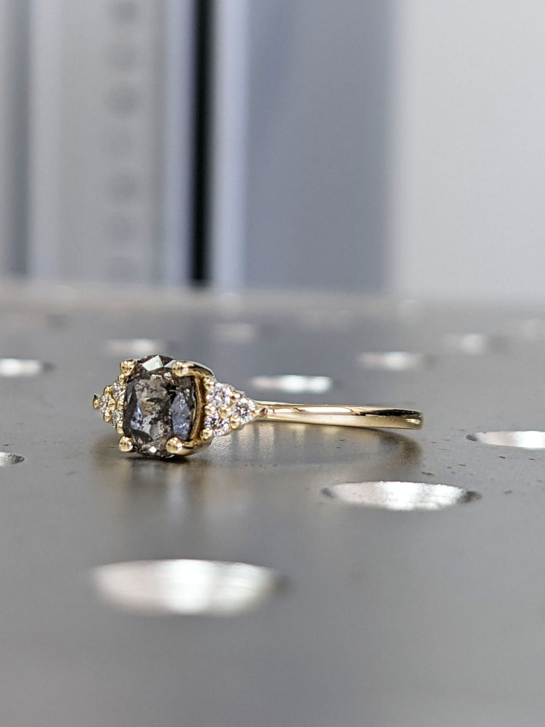Vintage salt and pepper diamond engagement ring Yellow Gold engagement ring diamond cluster oval ring wedding Bridal Anniversary