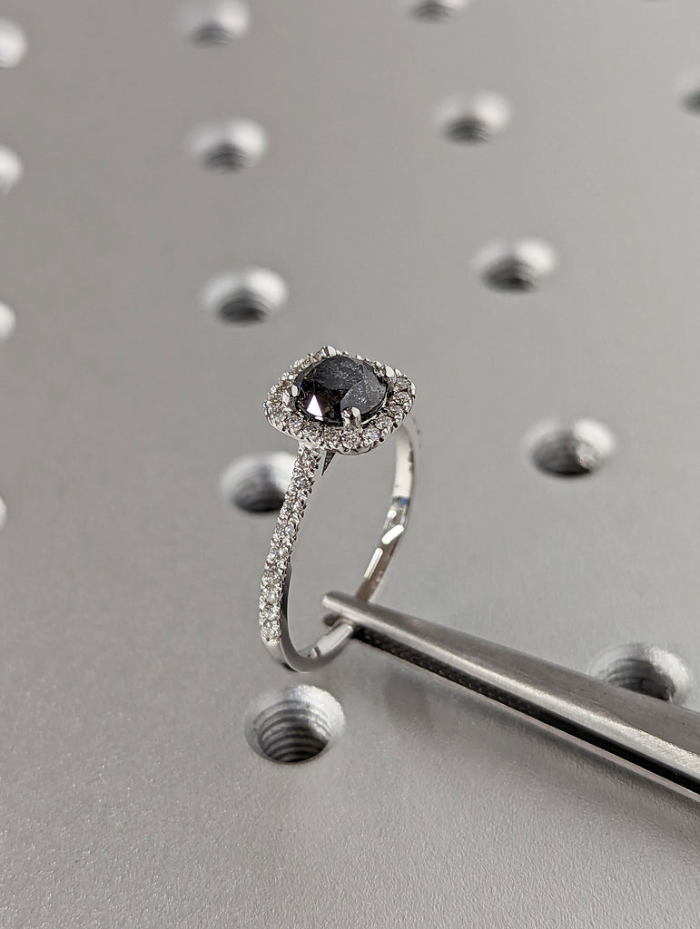 Raw Salt and Pepper Galaxy Diamond Ring Halo Ring Diamond Round Halo Engagement Ring, Bridal Set, Wedding Band, Solid 14k White Gold