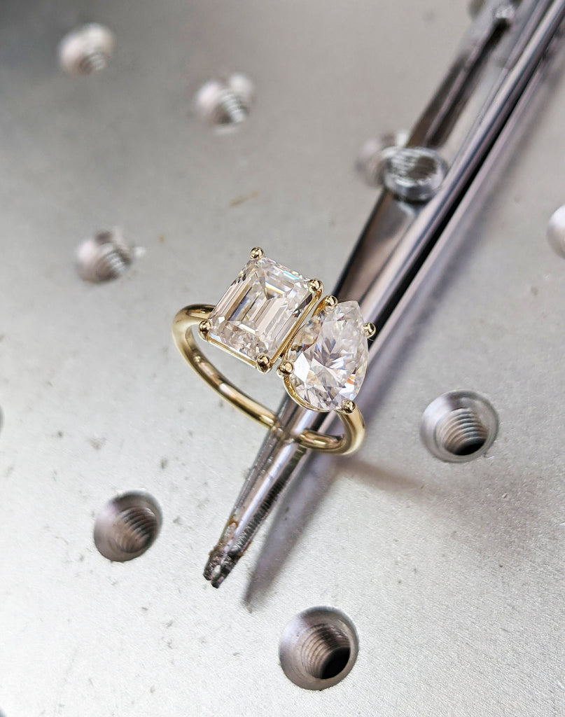 Double Stone Celebrity Engagement Ring with Full White Emerald and Pear Cut Moissanite in 14K/18K Solid Yellow/White/Rose Gold