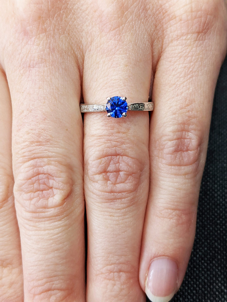 Blue Sapphire Engagement Ring, Vintage Inspired Sapphire Ring, Rose/Yellow/White Gold Round Sapphire Ring, Sapphire Ring